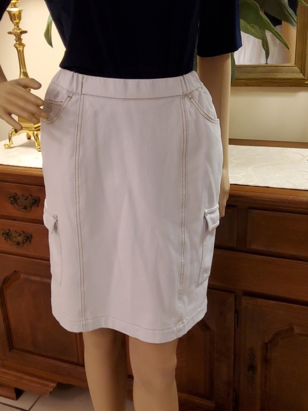 Women's White Pencil Skirt with Side Cargo Pockets